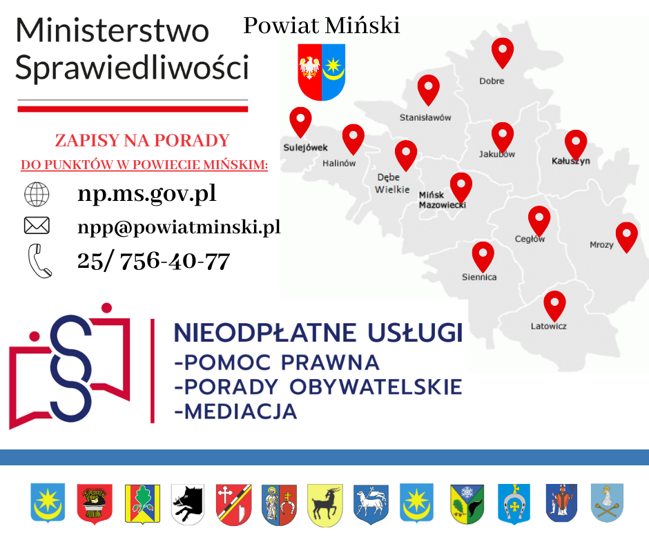 Obrazek zawiera informację o zapisach na nieodpłatne porady prawne i obywatelskie, loga systemu oraz mapę powiatu z gminami, w których znajdują się punkty porad
