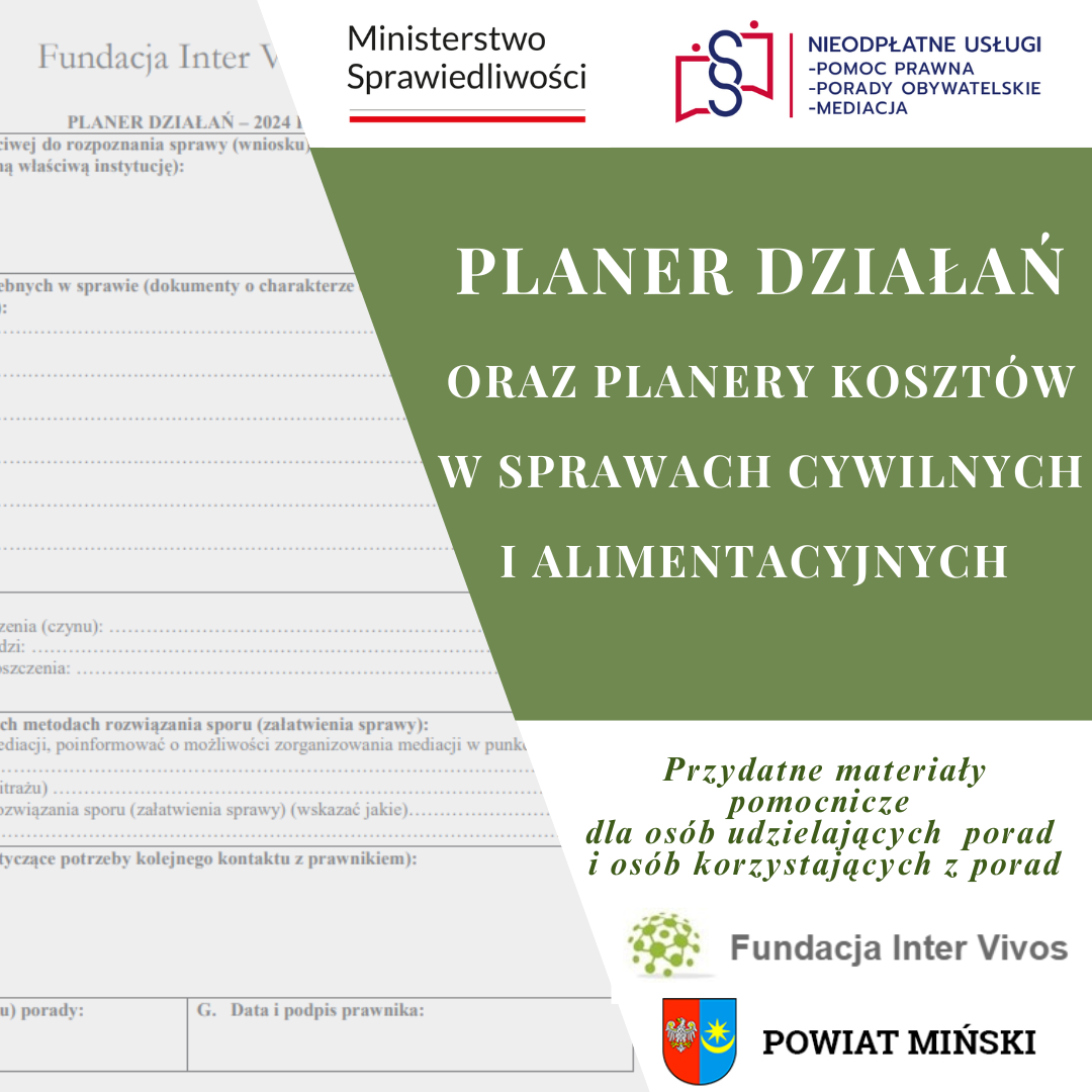 grafika zawiera loga Ministerstwa Sprawiedliwosci, systemu nieodplatnej pomocy prawnej, powiatu i fundacji oraz wzór planera