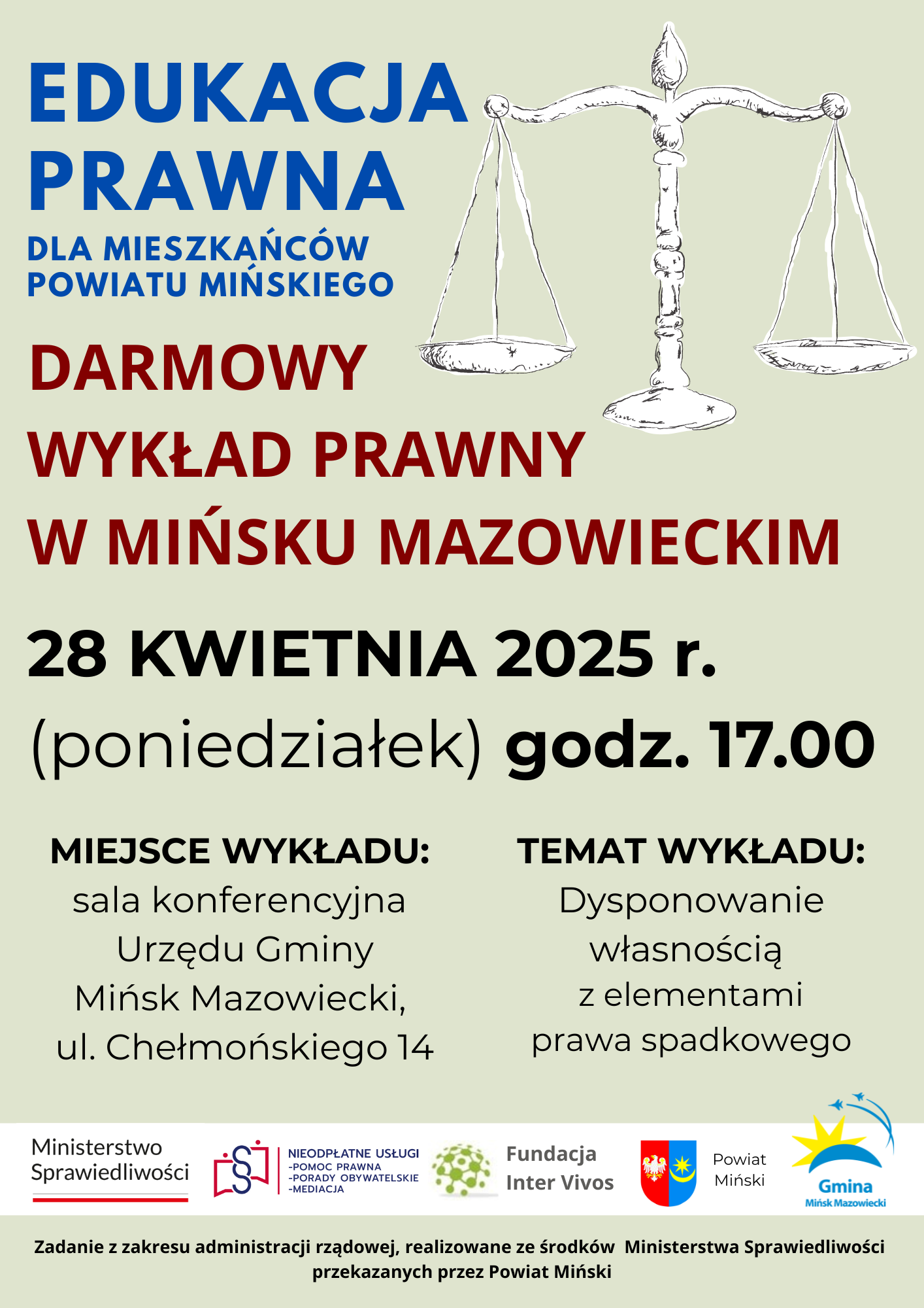 plakat z zapowiedzią darmowego wykładu prawnego w dniu 28 kwietnia 2025 r. o godz. 17.00 w UG Mińsk Mazowiecki plakat z zapowiedzią darmowego wykładu prawnego w dniu 28 kwietnia 2025 r. o godz. 17.00 w UG Mińsk Mazowiecki