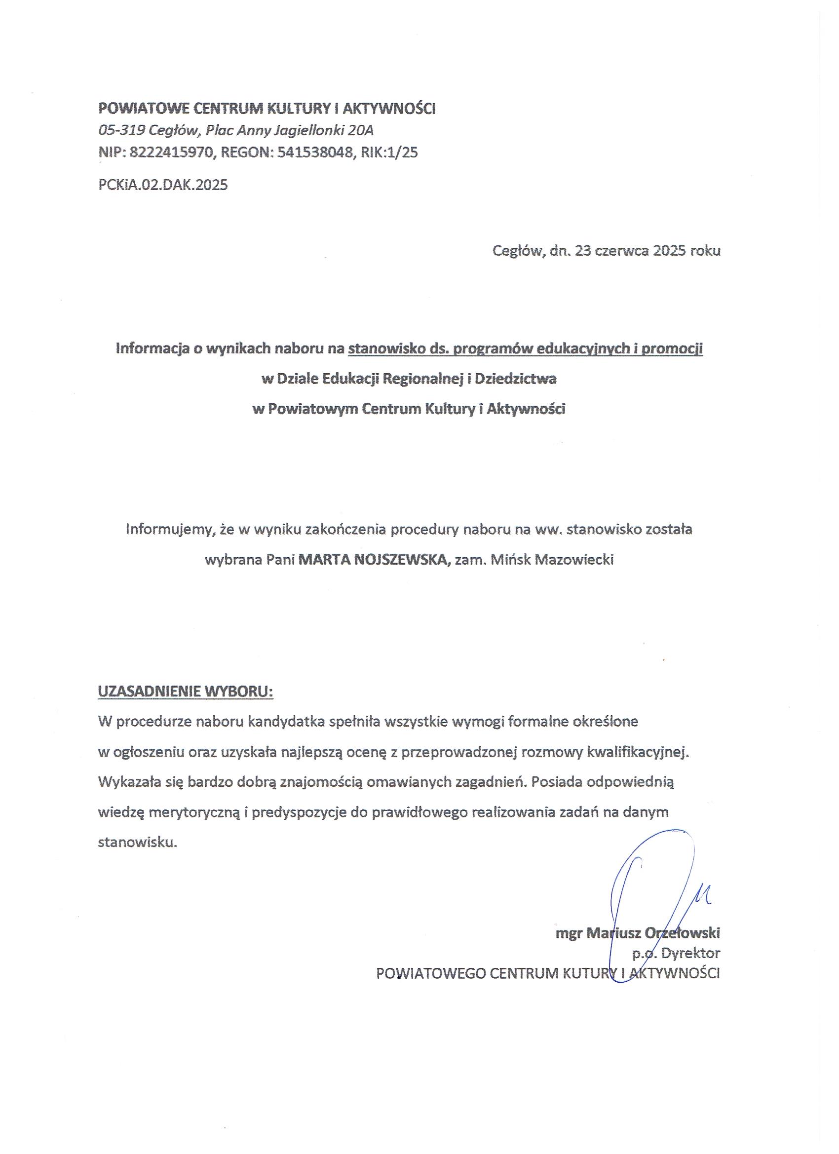 informacja nt. wyniku naboru na stanowsiko ds. programów edukaycjnych i promocji_POWIATOWE CENTRUM KULTURY I AKTYWNOŚC