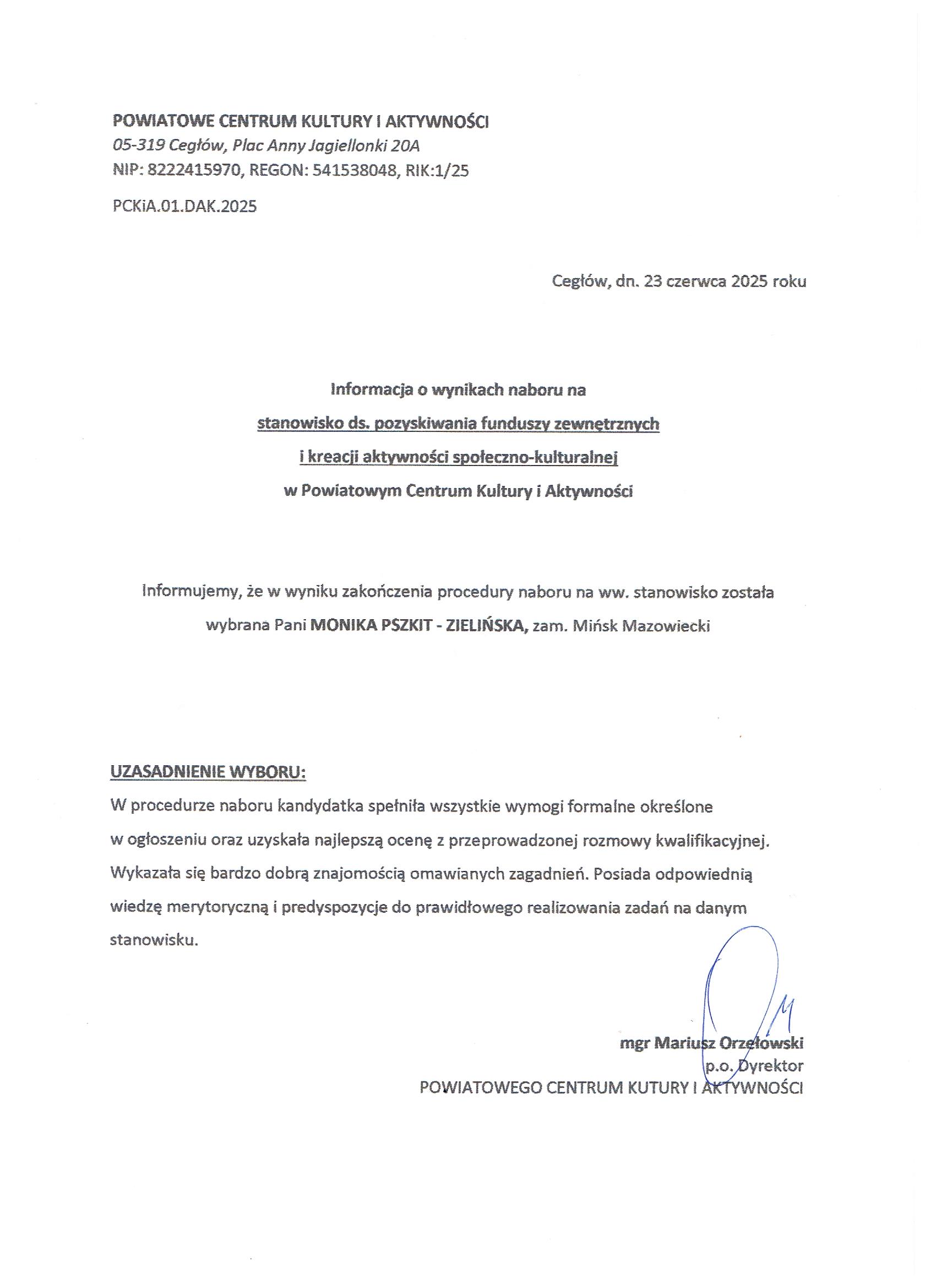informacja o wyniku naboru na stanowisko ds. pozyskiwania funduszy zewnętrznych i kreacji aktywności społeczno-kulturalnej_POWIATOWE CENTRUM KULTURY I AKTYWNOŚCI