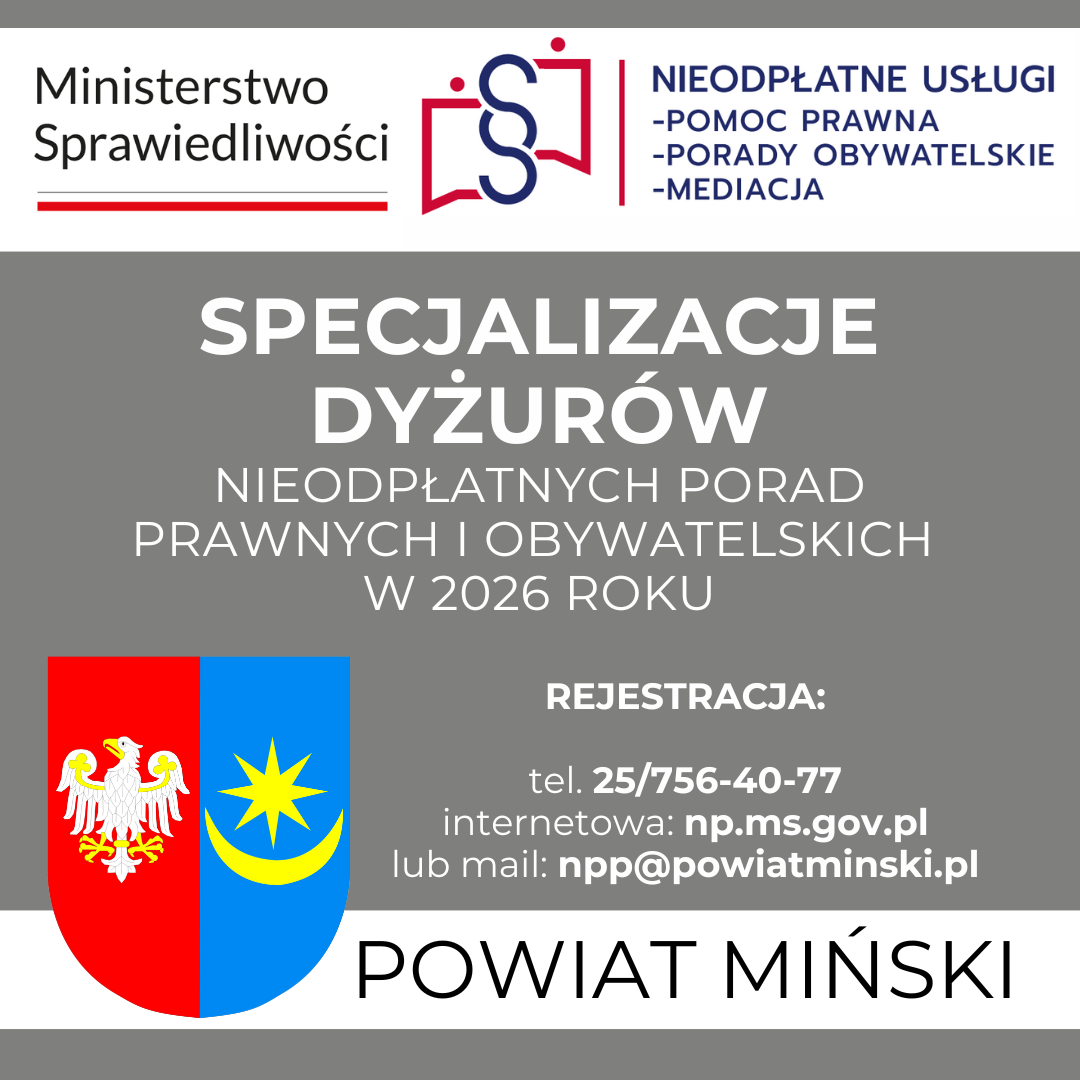 baner z herbem powiatu, logami systemu nieodpłatnej pomocy prawnej oraz Ministerstwa Sprawiedliwości
