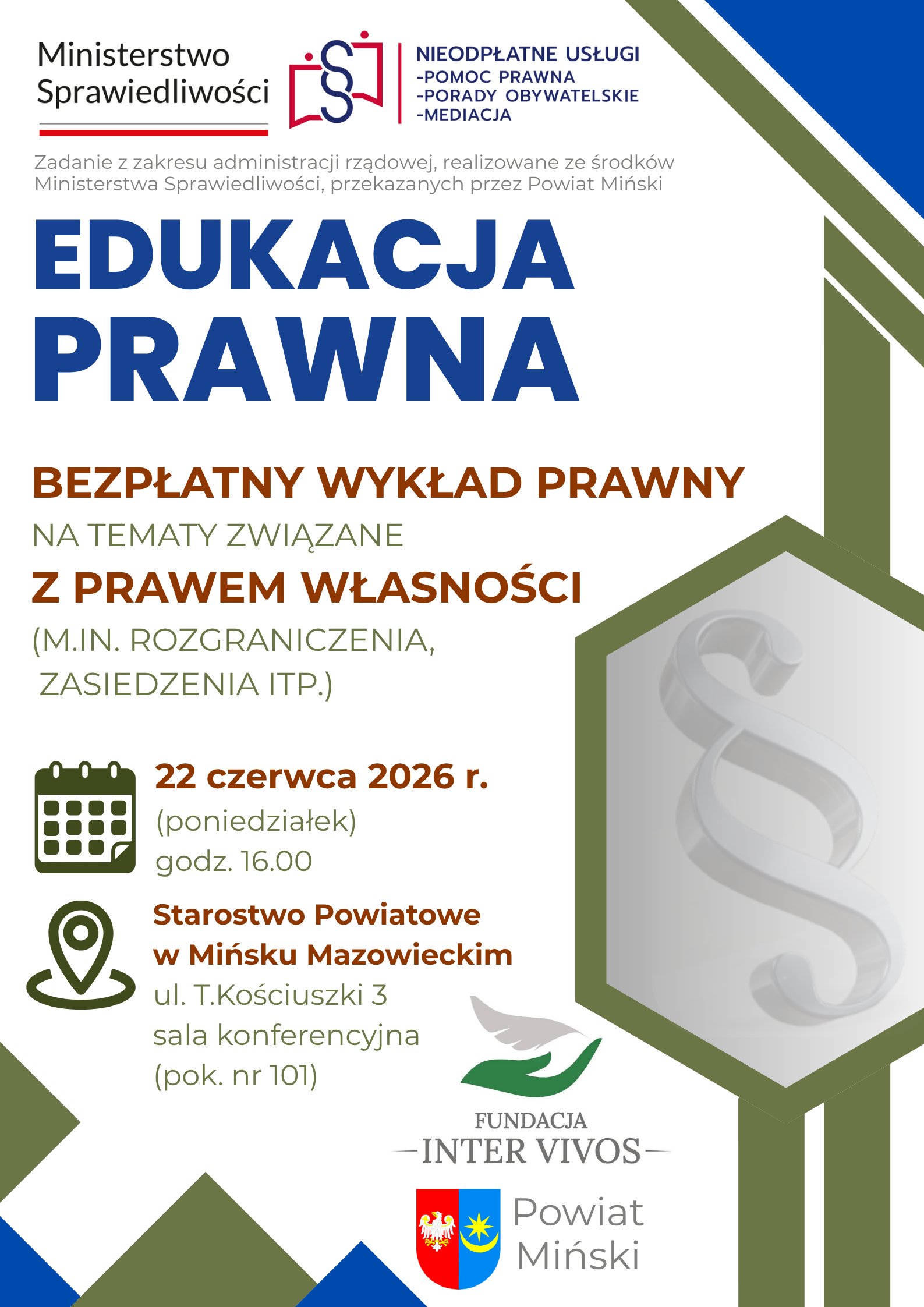 plakat-zaproszenie na bezpłatny wykład z zakresu prawa własności w dniu 22 czerwca 2026 r. w Starostwie Powiatowym w Mińsku Mazowieckim