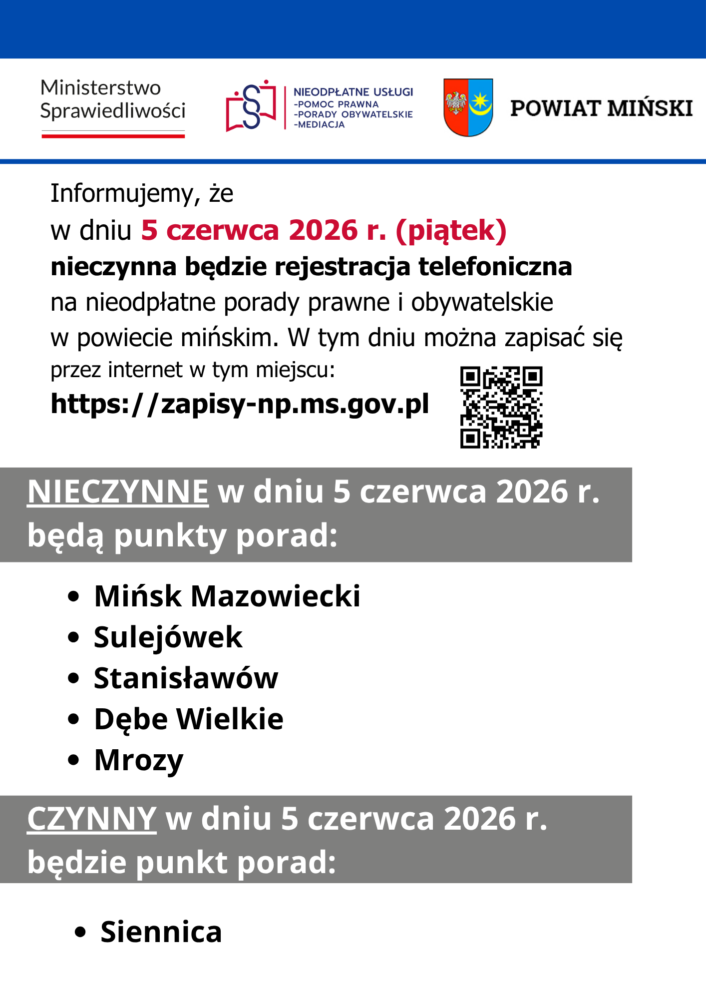baner z informacją o zmianach w harmonogramie pracy punkt&oacute;w porad w dniu 5 czerwca 2026 r. 